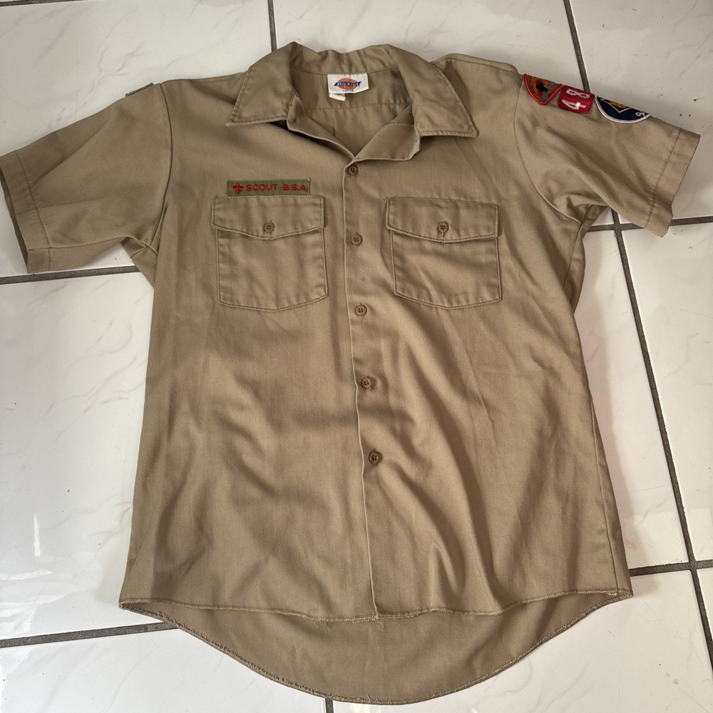 Vintage Dickies Short Sleeve Work Shirt Beige Boy Scouts America Mens Size L BSA